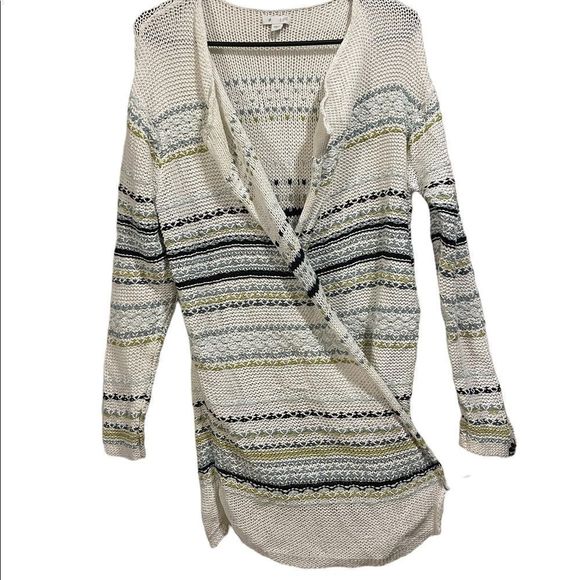 J. Jill White Blue Green Striped Long Sleeve Long Line Knit Crochet Cardigan Top - Picture 1 of 7